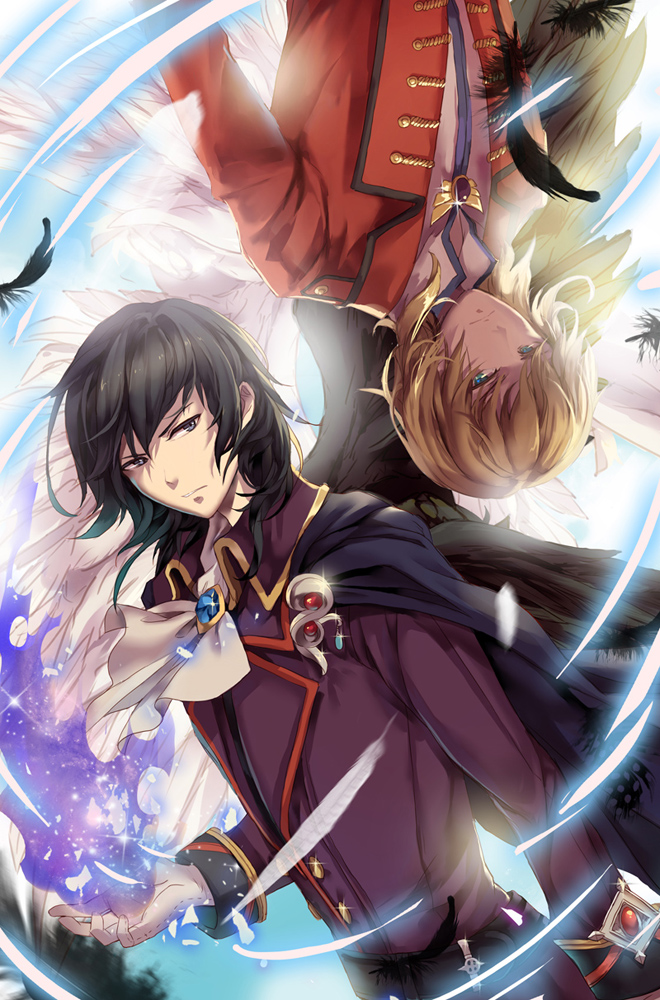 2boys, angel_wings, black_cape, black_eyes, black_hair, blue_eyes, brown_hair, cape