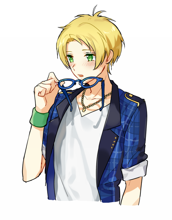 1boy, blonde_hair, blush, ensemble_stars!, glasses, glasses_removed, green_eyes, jewelry