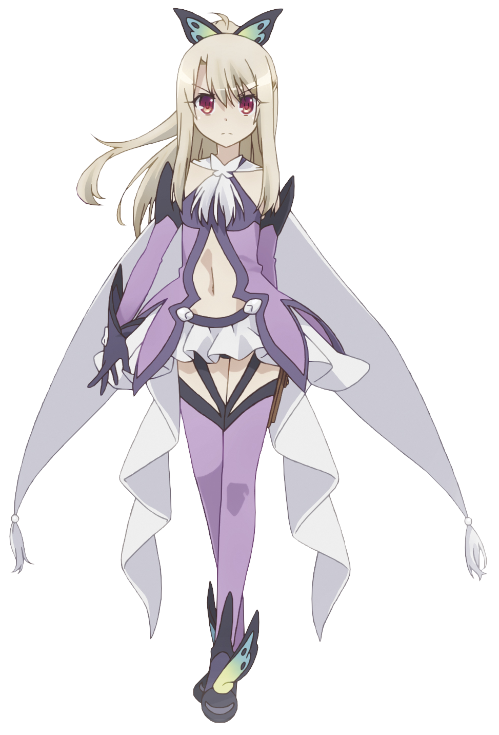 1girl, black_gloves, butterfly_hair_ornament, cape, cosplay, detached_sleeves, eyebrows_visible_through_hair, fate/kaleid_liner_prisma_illya, fate_(series), floating_hair, full_body, gloves, hair_ornament, high_ponytail, highres, holster, illyasviel_von_einzbern, long_hair, looking_at_viewer, magical_girl, microskirt, midriff, miyu_edelfelt, miyu_edelfelt_(cosplay), navel, panties, prisma_illya_(sapphire_version), purple_legwear, purple_panties, red_eyes, silver_hair, skirt, solo, standing, stomach, thigh-highs, thigh_holster, underwear, white_skirt