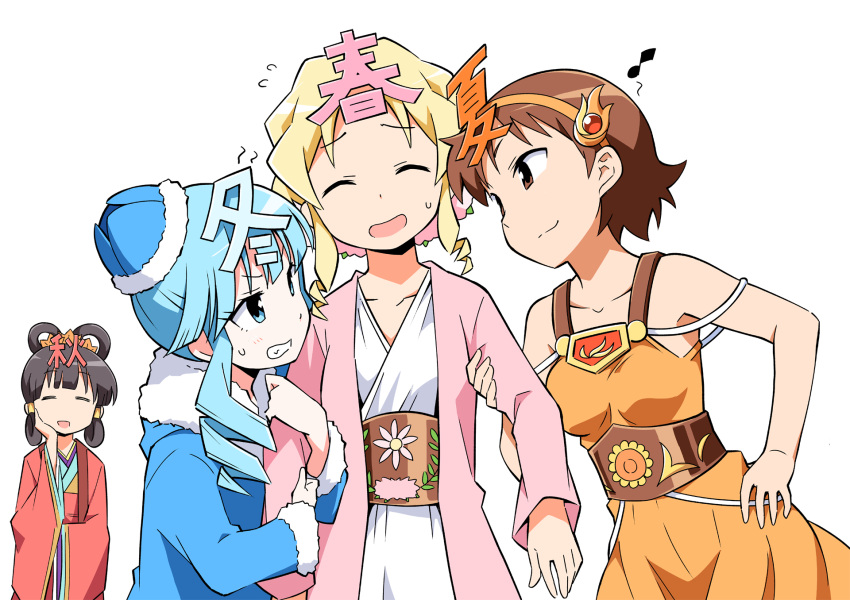 4girls, aki-chan, anbe_masahiro, arm_grab, bangs, black_hair, blonde_hair, blue_coat