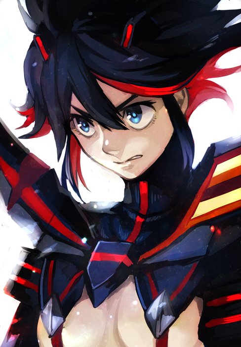 1girl, bangs, black_hair, blue_eyes, breasts, clenched_teeth, hankuri, kill_la_kill