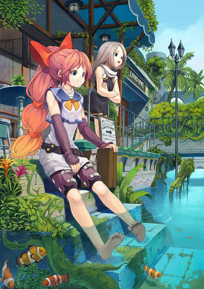 barefoot, cheerleader, city, detached_sleeves, feet, feet_in_water, fish, gradient_hair