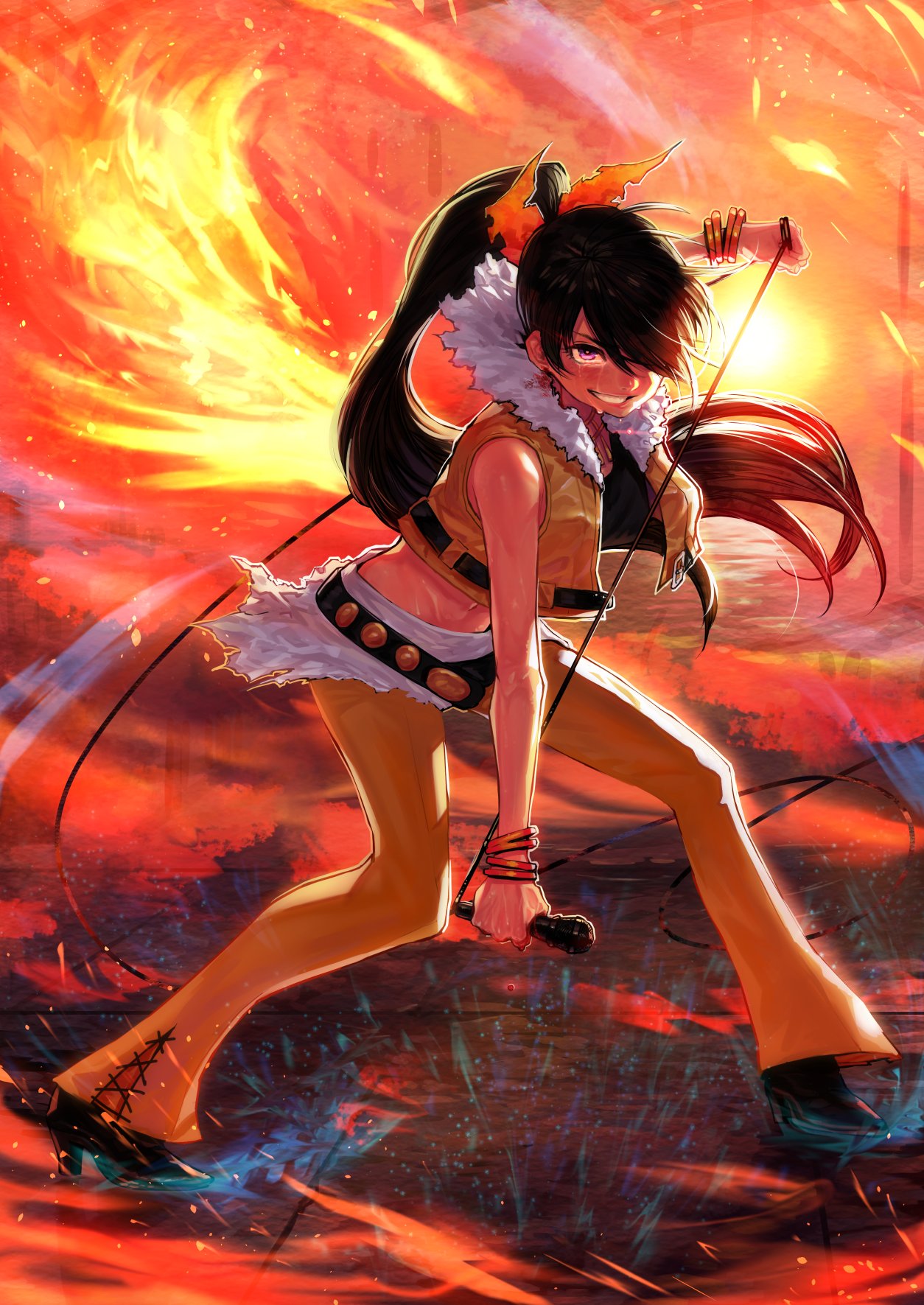 1girl, backlighting, belt, beyond_the_vibes, black_hair, bow, bracelet, bukimi_isan