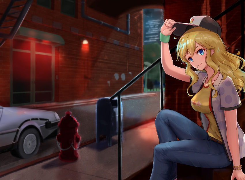 1girl, absurdres, adjusting_clothes, adjusting_hat, blonde_hair, blue_eyes, candy, car