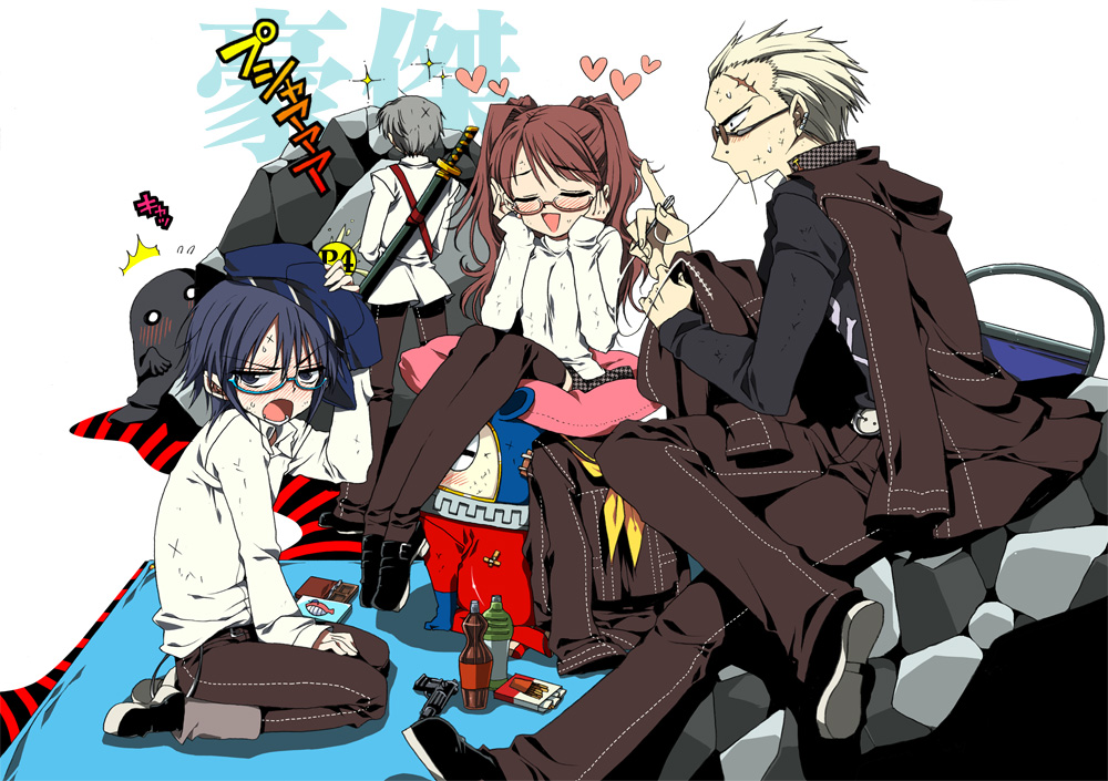 bad_id, blonde_hair, blue_hair, blush, brown_hair, cabbie_hat, censored, fake_censor