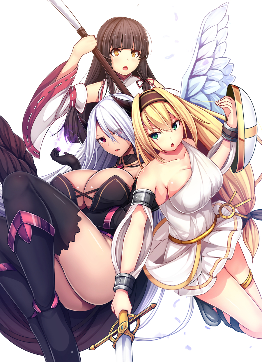 3girls, angel, angel_wings, black_hair, blonde_hair, breasts, brown_eyes, chestnut_mouth, cleavage, daiaru, demon_girl, green_eyes, highres, japanese_clothes, kill_time_communication, large_breasts, long_hair, miko, multiple_girls, original, red_eyes, shield, simple_background, sword, thigh-highs, thighlet, weapon, white_hair, wings
