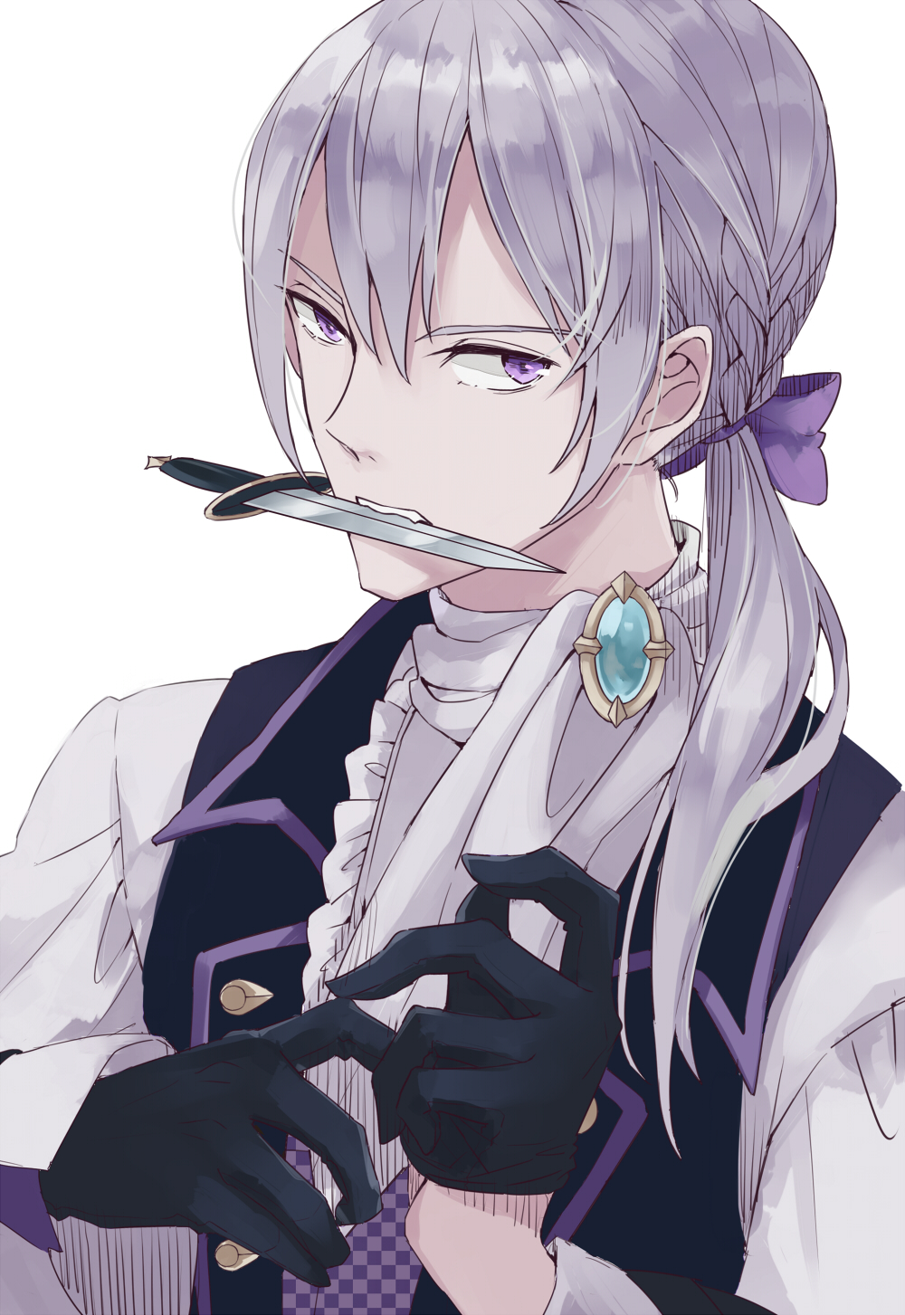 1boy, bow, dagger, fire_emblem, fire_emblem_if, gloves, grey_hair, highres
