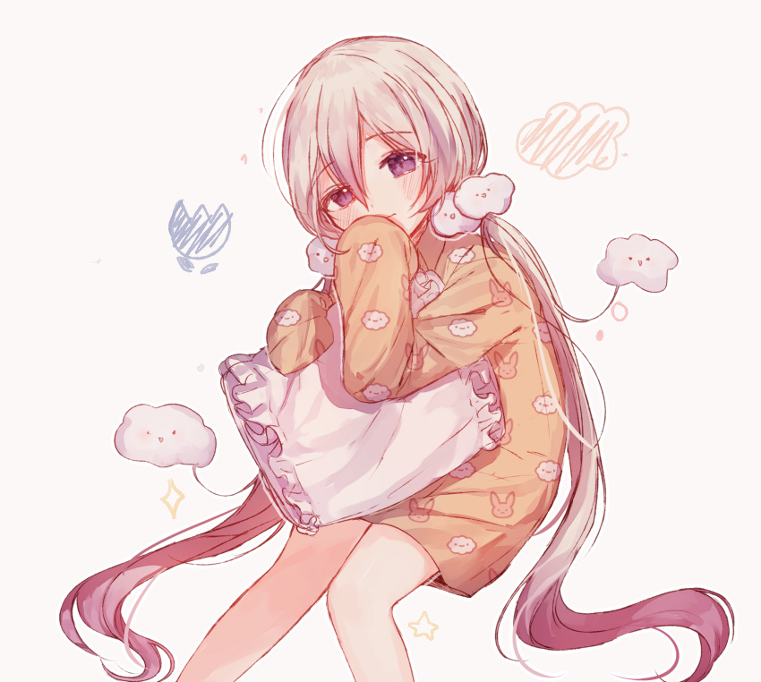 1girl, artist_request, blonde_hair, blush, highres, long_hair, mahou_shoujo_ikusei_keikaku, mahou_shoujo_ikusei_keikaku_unmarked, nemurin, pajamas, sitting, solo, twintails