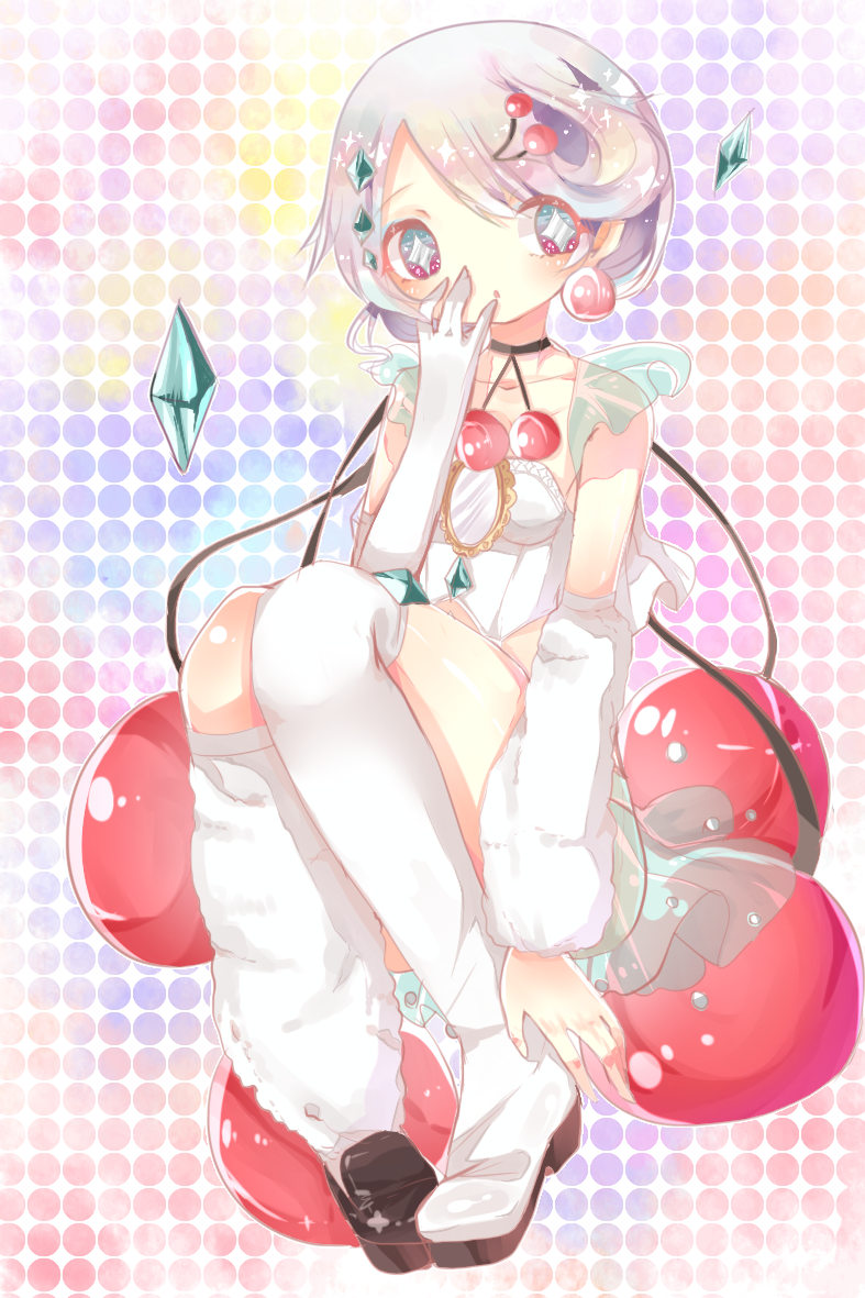 +_+, 1girl, artist_request, asymmetrical_legwear, cherry, covering_mouth, crystal, food