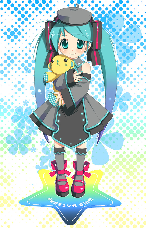 aqua_hair, bad_id, beret, detached_sleeves, dress, green_eyes, green_hair, hair_ribbon