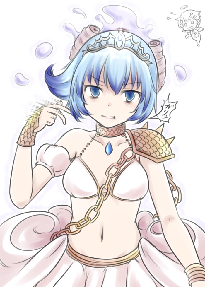 1girl, angry, armor, bikini_top, blue_eyes, blue_hair, cameo, chains