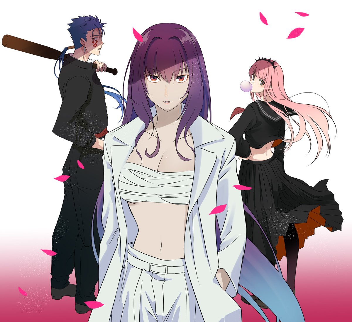 1boy, 2girls, banchou, blue_hair, chewing_gum, cu_chulainn_alter_(fate/grand_order), fate/grand_order, fate_(series)