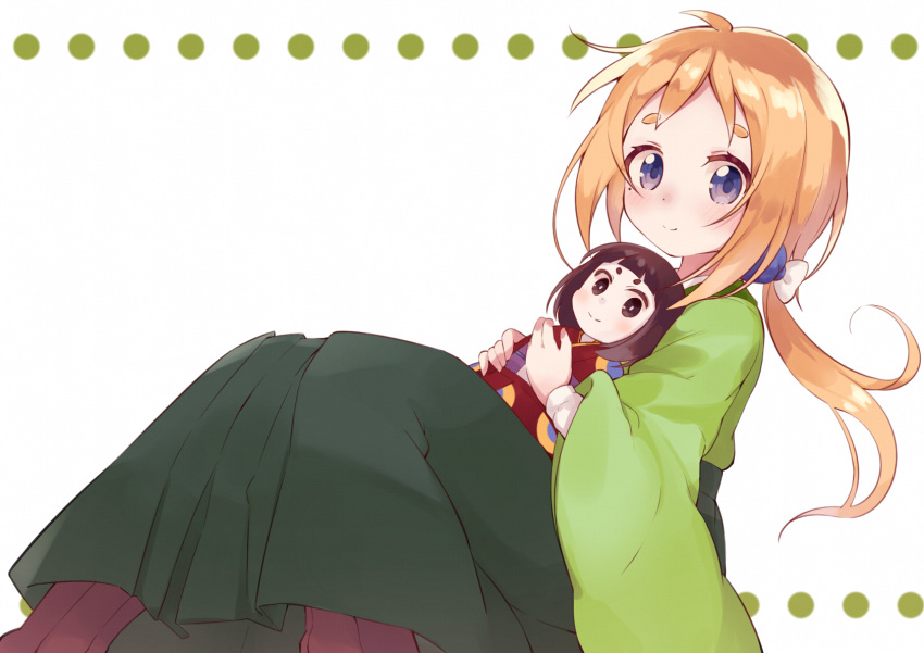 2girls, ahoge, bangs, black_eyes, black_hair, blunt_bangs, blush, bowl_cut