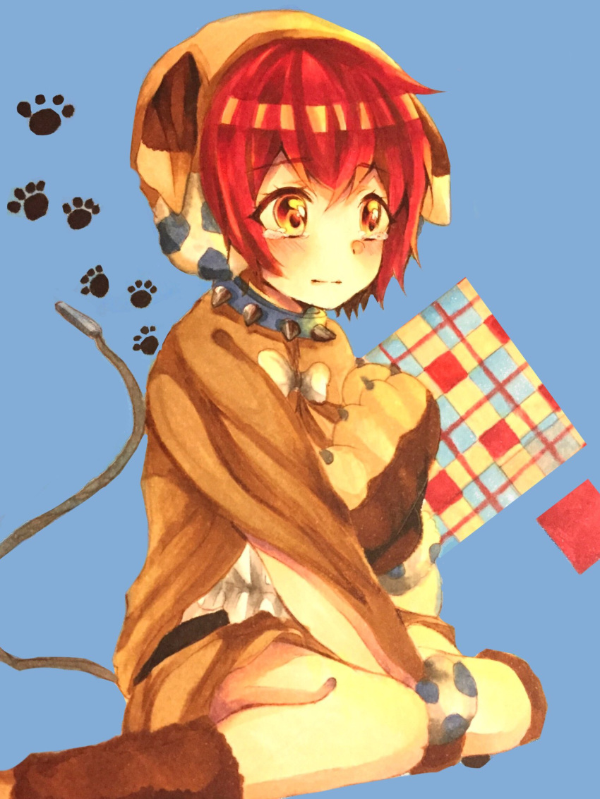 1girl, gloves, highres, hood, mahou_shoujo_ikusei_keikaku, mahou_shoujo_ikusei_keikaku_unmarked, paw_gloves, paw_print