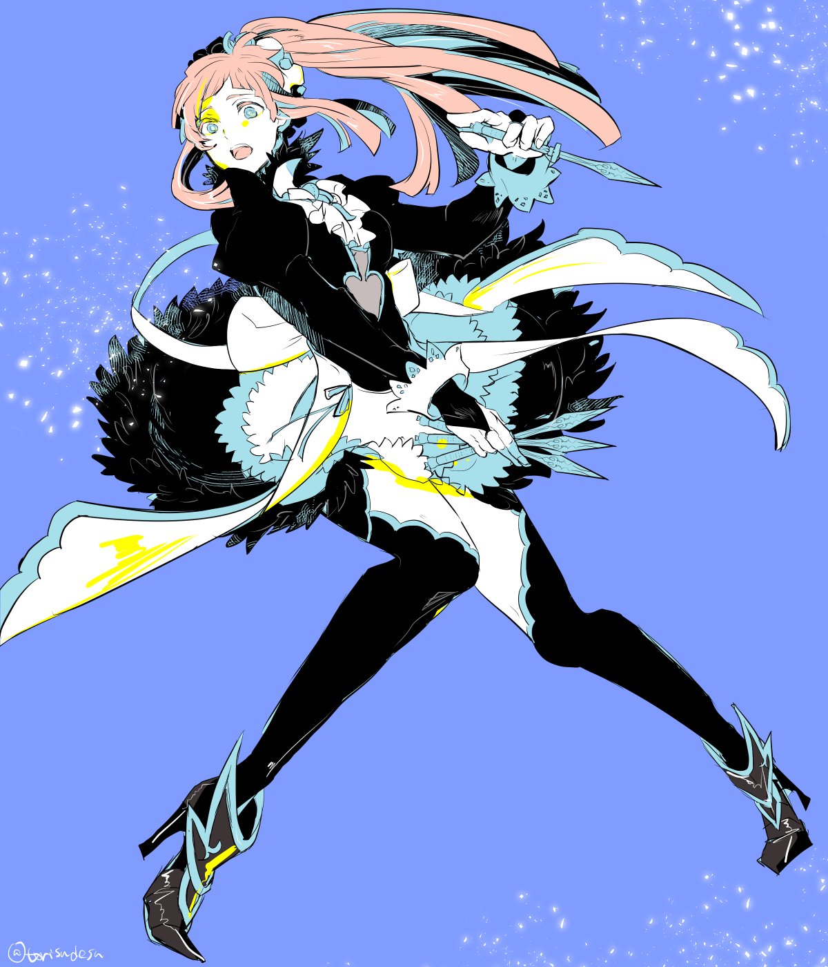 1girl, apron, blue_background, european_clothes, felicia, felicia_(fire_emblem_if), fire_emblem, fire_emblem_if, high_heels, highres, holding, holding_weapon, kunai, looking_at_viewer, maid, maid_apron, maid_headdress, pink_hair, simple_background, torisudesu, weapon