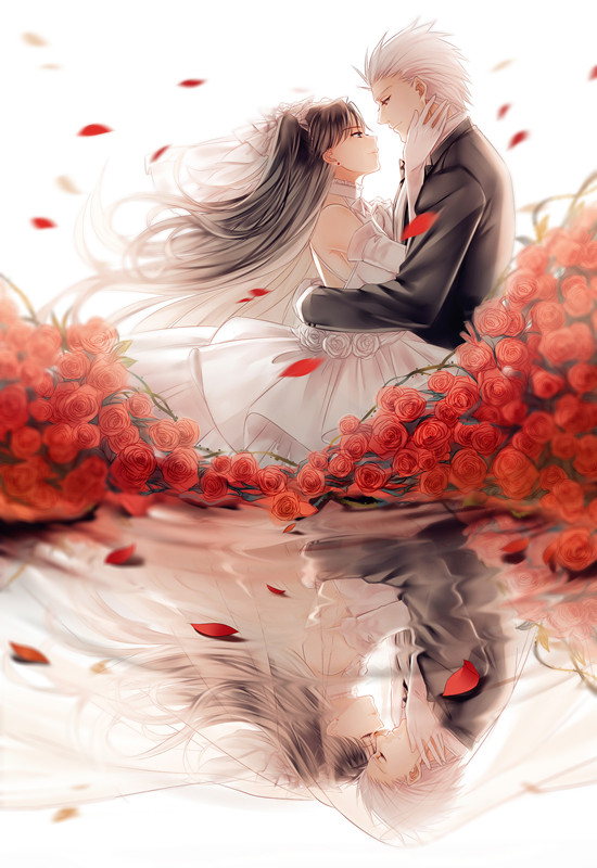 1boy, 1girl, archer, bare_shoulders, black_hair, black_jacket, bridal_gauntlets, bridal_veil