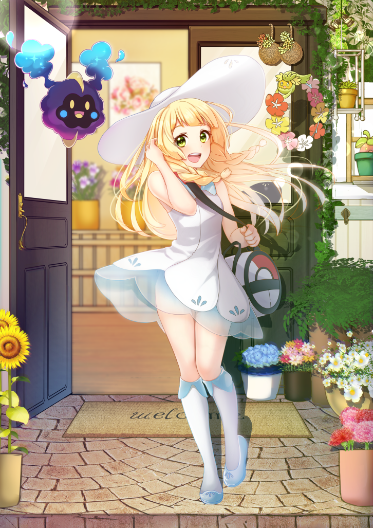 1girl, bag, bangs, blonde_hair, blunt_bangs, braid, collared_dress, comfey, cosmog, dress, duffel_bag, flower, flower_shop, green_eyes, hat, kurono_kito, lillie_(pokemon), long_hair, poke_ball_theme, pokemon, pokemon_(game), pokemon_sm, shop, sleeveless, sleeveless_dress, sun_hat, sunflower, twin_braids, white_hat