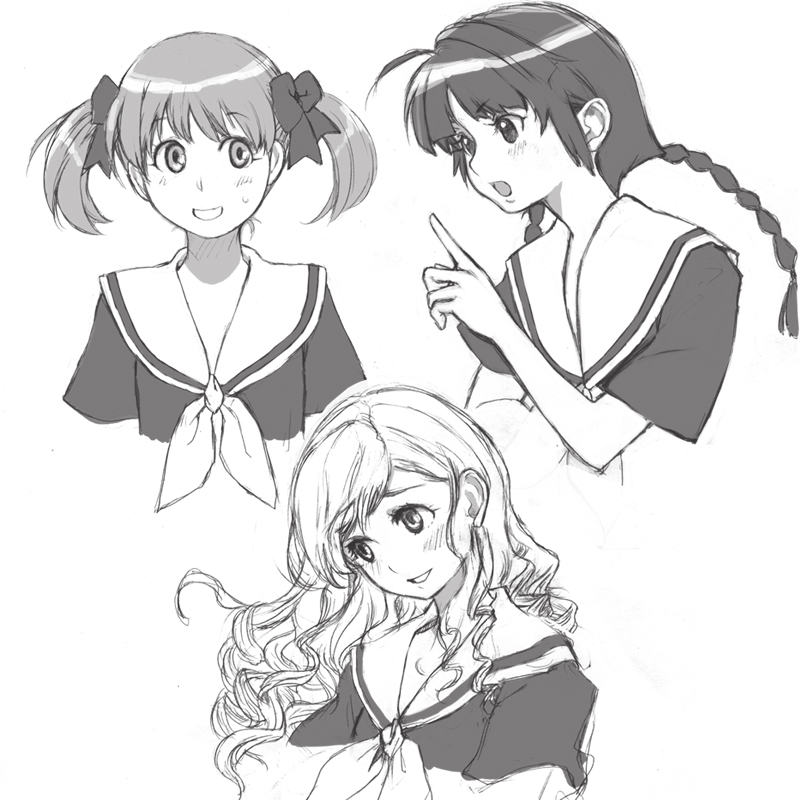 3girls, braid, fukuzawa_yumi, greyscale, maria-sama_ga_miteru, monochrome, mori_yoichi, multiple_girls