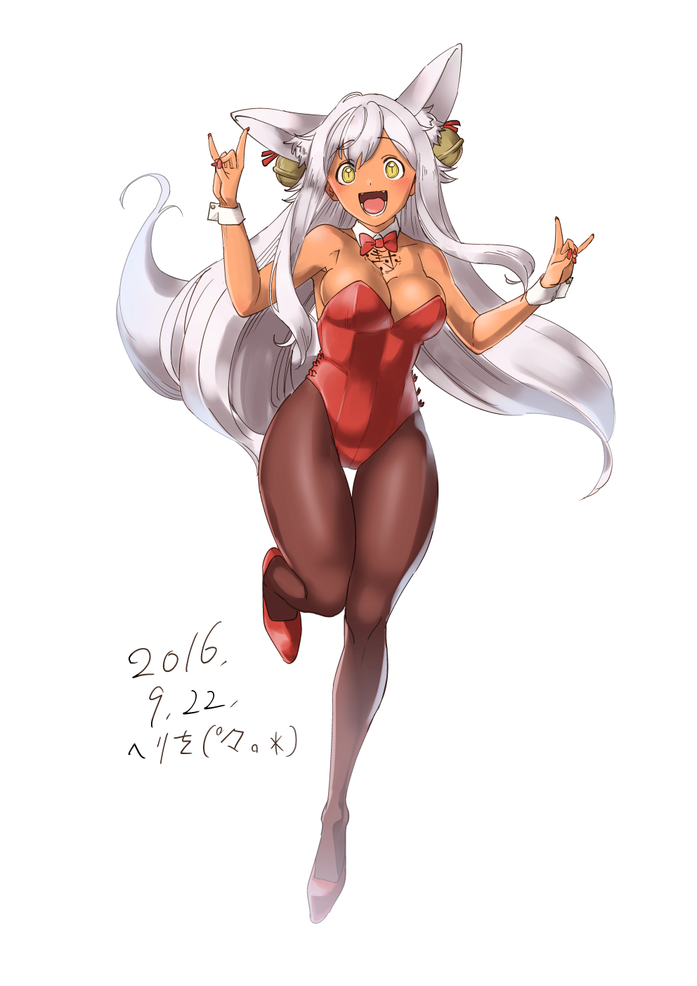1girl, 2017, animal_ears, arms_up, artist_name, bell, black_legwear, breasts