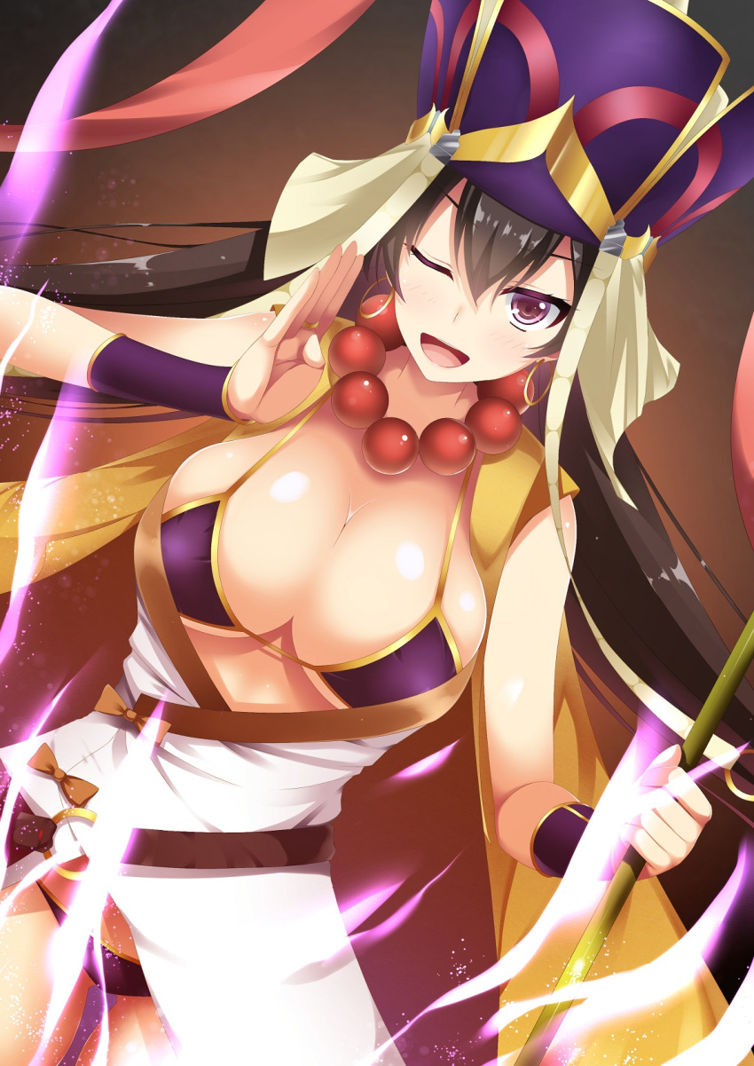 1girl, ;d, asakura_kukuri, beads, bikini, black_hair, breasts, cleavage