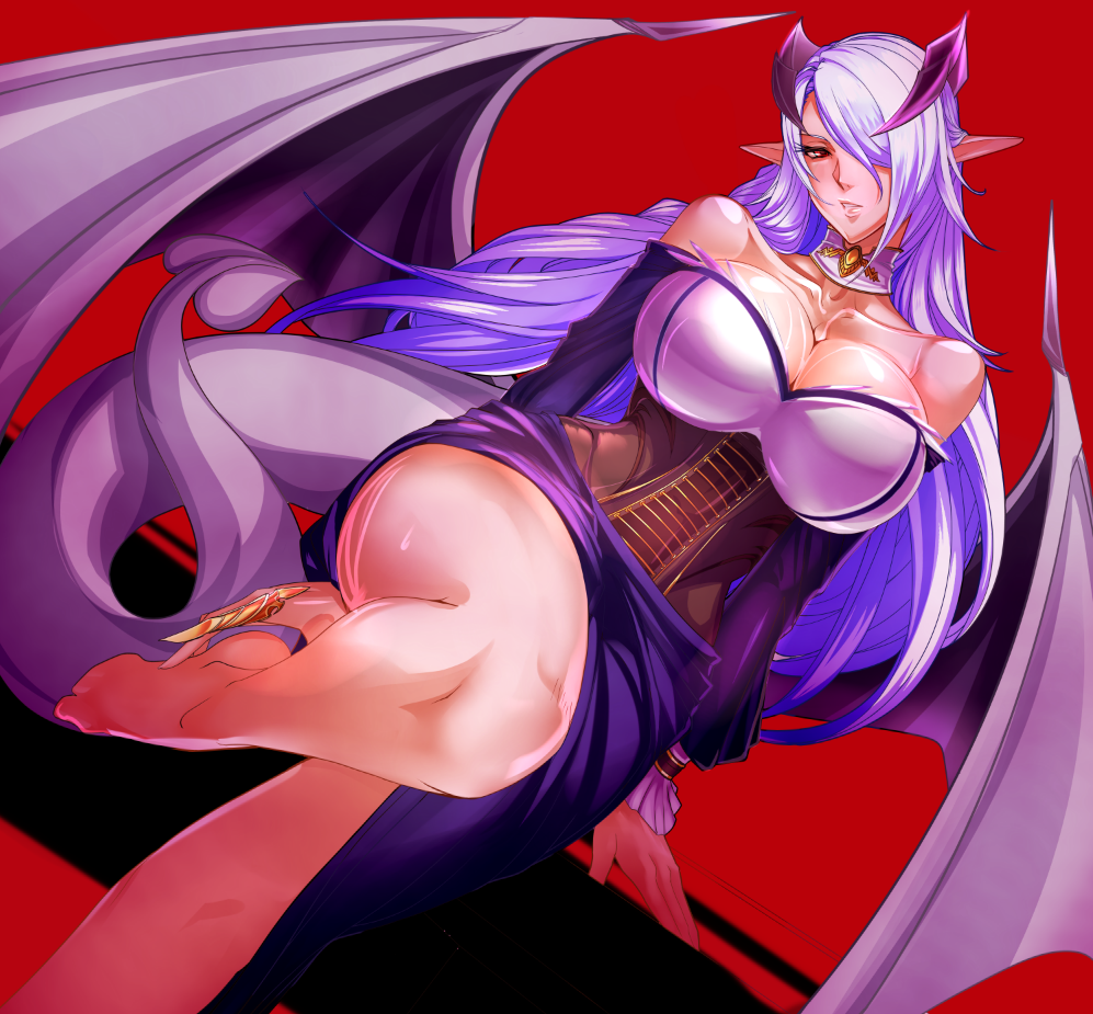 1girl, bare_shoulders, breasts, cleavage, demon_girl, demon_tail, dutch_angle, hair_over_one_eye