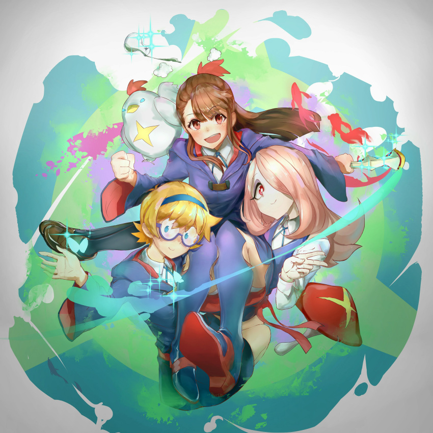 3girls, absurdres, aqua_eyes, atsuko_kagari, blonde_hair, boots, brown_eyes, brown_hair, dress, glasses, hair_over_one_eye, hairband, highres, holding, knee_boots, lavender_hair, little_witch_academia, long_hair, long_sleeves, looking_at_viewer, lotte_yanson, magic, multiple_girls, open_mouth, panties, pantyshot, piu_(pengtaipxv2014), red_eyes, robe, school_uniform, short_hair, smile, sucy_manbavaran, underwear, v, wand, white_panties