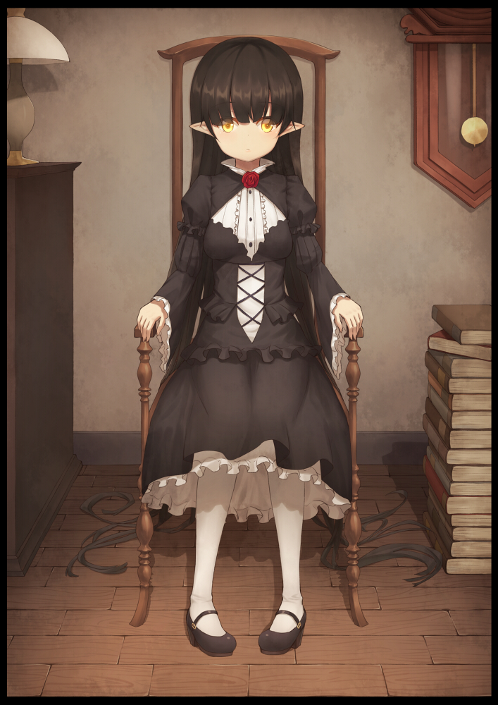1girl, absurdly_long_hair, armchair, bangs, black_dress, black_hair, black_shoes, blouse
