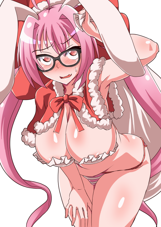 1girl, ahoge, alternate_costume, animal_ears, armpits, bangs, bare_shoulders, black-framed_eyewear