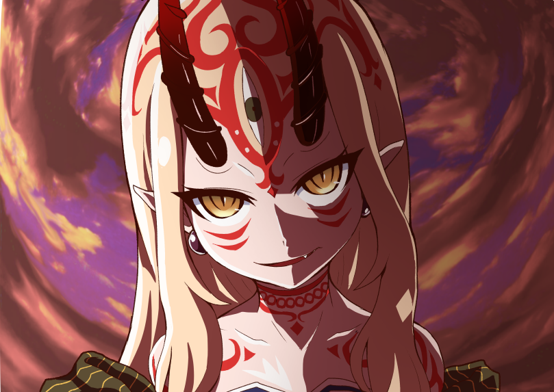 >:), 1girl, bare_shoulders, blonde_hair, collarbone, earrings, evil_smile, facial_mark, fang, fate/grand_order, fate_(series), forehead_mark, head_tilt, ibaraki_douji_(fate/grand_order), ikue_fuuji, jewelry, long_hair, looking_at_viewer, oni_horns, parted_lips, pointy_ears, portrait, sidelocks, smile, solo, tattoo, third_eye, tsurime, yellow_eyes