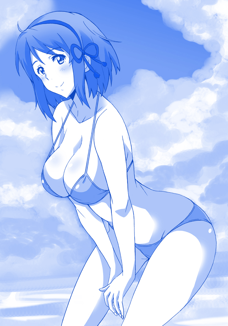 1girl, bikini, blue, blush, breasts, clouds, cloudy_sky, commentary_request