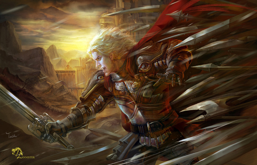 1boy, a_song_of_ice_and_fire, armor, artist_name, axe, blonde_hair, cape, clouds