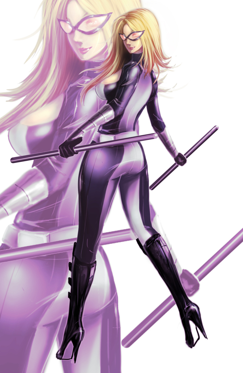 1girl, ass, back, black_boots, blonde_hair, bodysuit, boots, breasts, gloves, high_heel_boots, high_heels, highres, knee_boots, long_hair, marvel, mockingbird_(marvel), simple_background, solo, staff, sunglasses, uliel, white_background