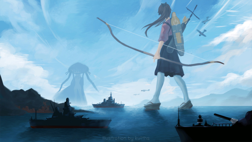 2girls, aircraft, airplane, arrow, artist_name, black_hair, blue_sky, bow_(weapon)