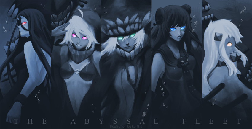 air_bubble, artist_name, battleship_hime, black_dress, black_hair, blue_eyes, cannon, collar