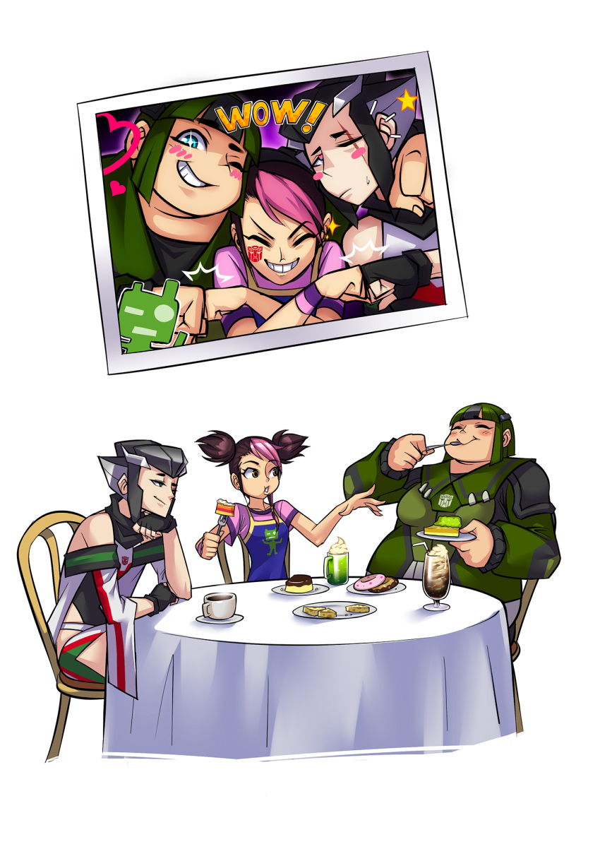 +_+, autobot, black_hair, blush_stickers, bulkhead, cake, chair, chin_rest