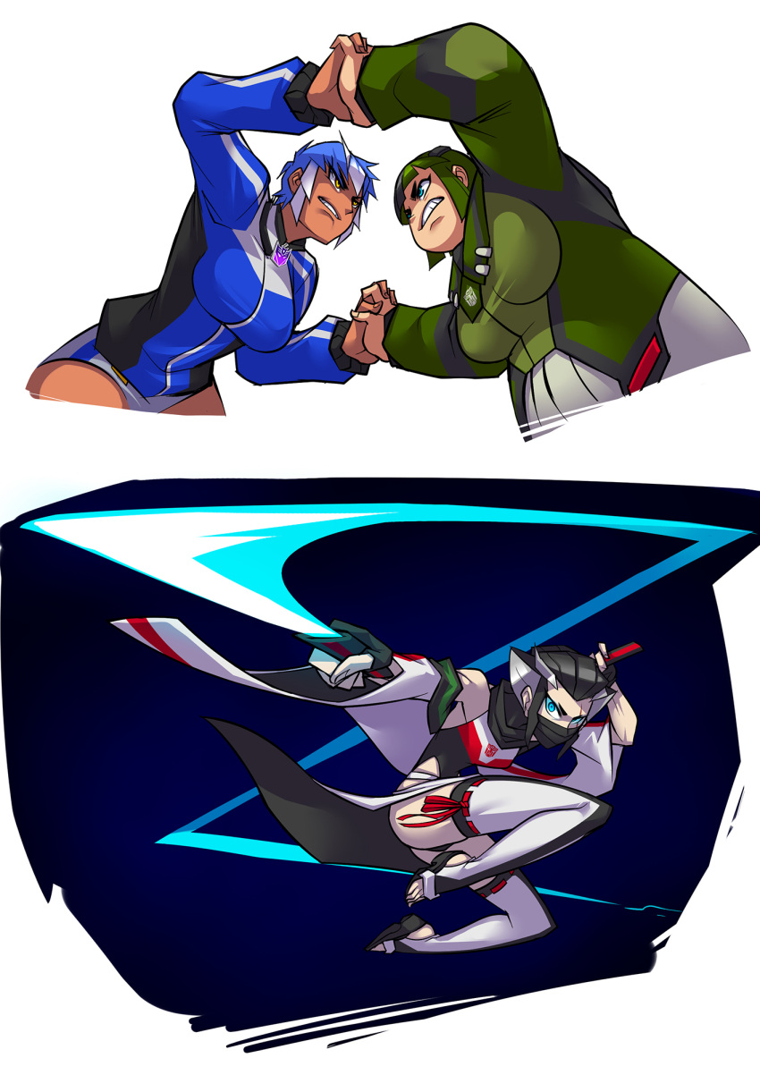 3girls, aqua_eyes, autobot, black_hair, blue_hair, breakdown, breasts, bulkhead, clenched_teeth, covered_mouth, fat, female, fingerless_gloves, genderswap, genderswap_(mtf), gloves, green_hair, highres, japanese_clothes, large_breasts, leotard, multicolored_hair, multiple_girls, personification, ryuusei_(mark_ii), short_hair, sword, teeth, thigh-highs, transformers, transformers_prime, two-tone_hair, weapon, wheeljack, white_hair, yellow_eyes