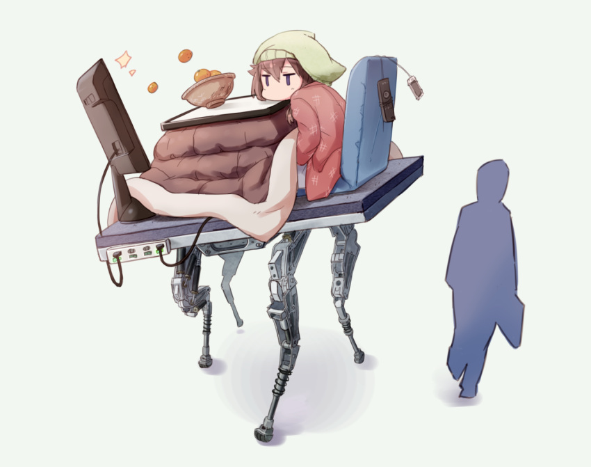 1boy, 1girl, basket, bigdog, blue_eyes, bowl, brown_hair, cellphone