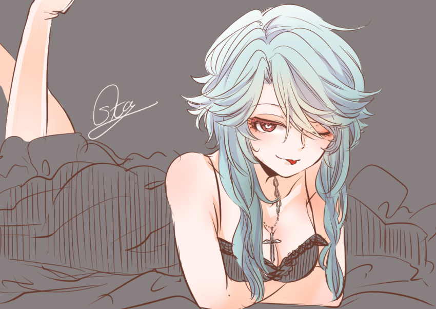 1girl, bare_shoulders, breast_hold, breasts, cleavage, cross, cross_necklace, grey_background