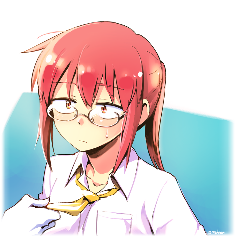 2girls, :|, alternate_eyewear, bangs, blue_background, blush, breast_pocket, closed_mouth