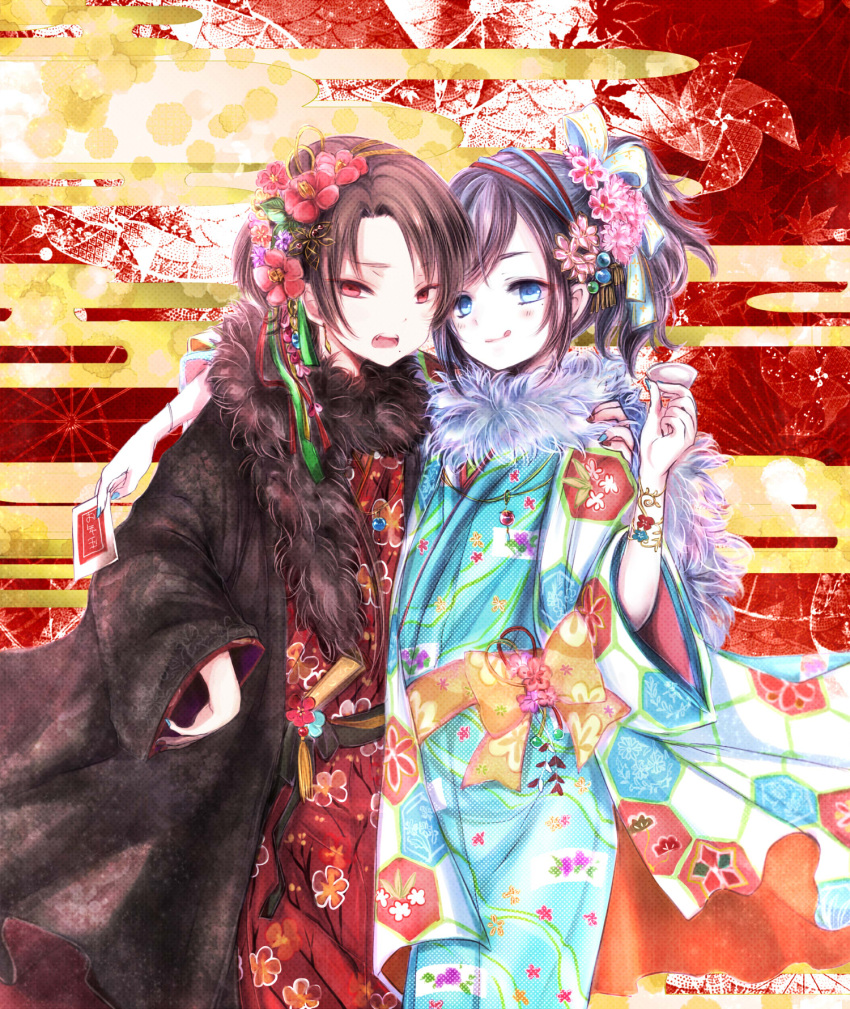 2boys, :q, arm_around_shoulder, black_hair, blue_eyes, blue_nails, blush, bow