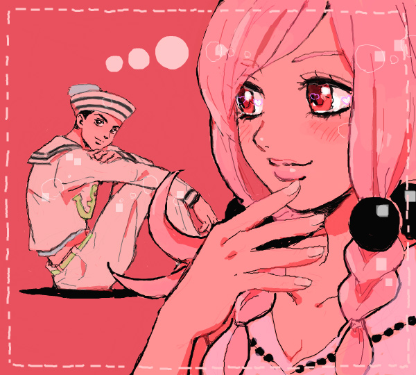 1boy, 1girl, anchor_symbol, black_hair, blush, breasts, brown_eyes, cleavage