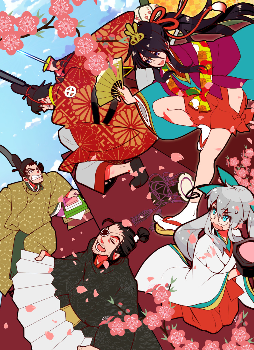 1girl, beard, drifters, eyepatch, facial_hair, fujiwara_riyu, glasses, hair_ribbon