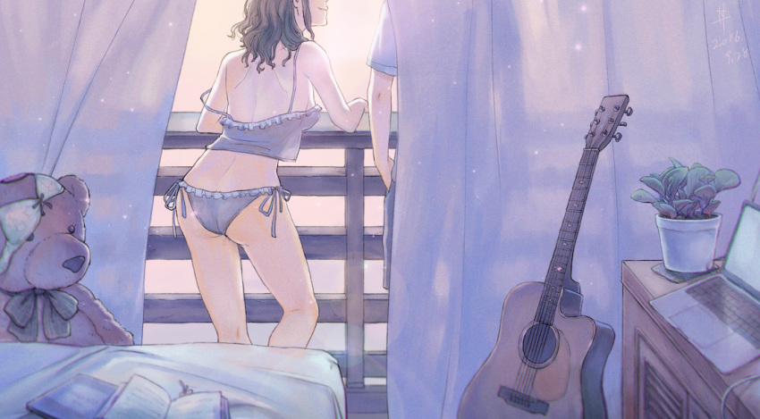 1boy, 1girl, ass, babydoll, back, balcony, bed, bedroom
