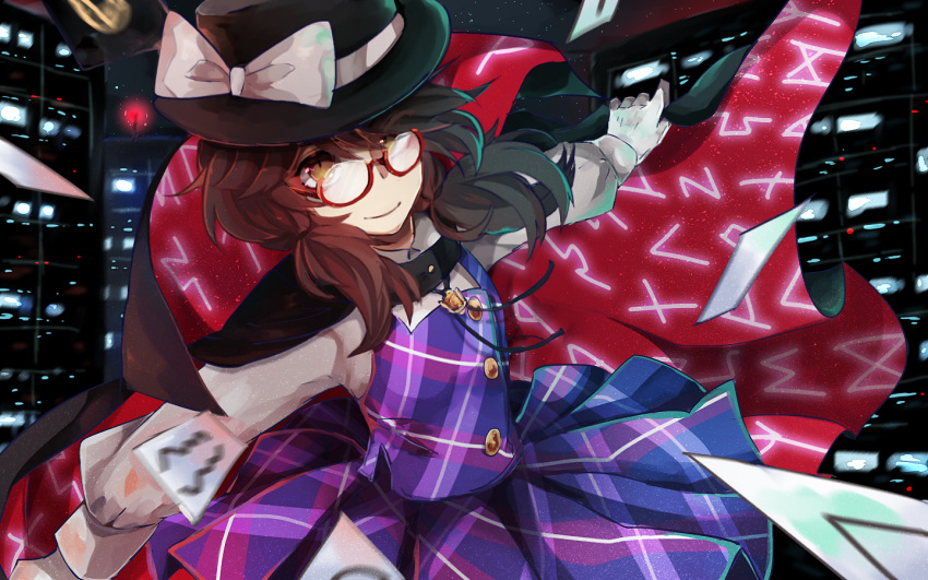 1girl, brown_eyes, brown_hair, buttons, cape, card, cityscape, glasses