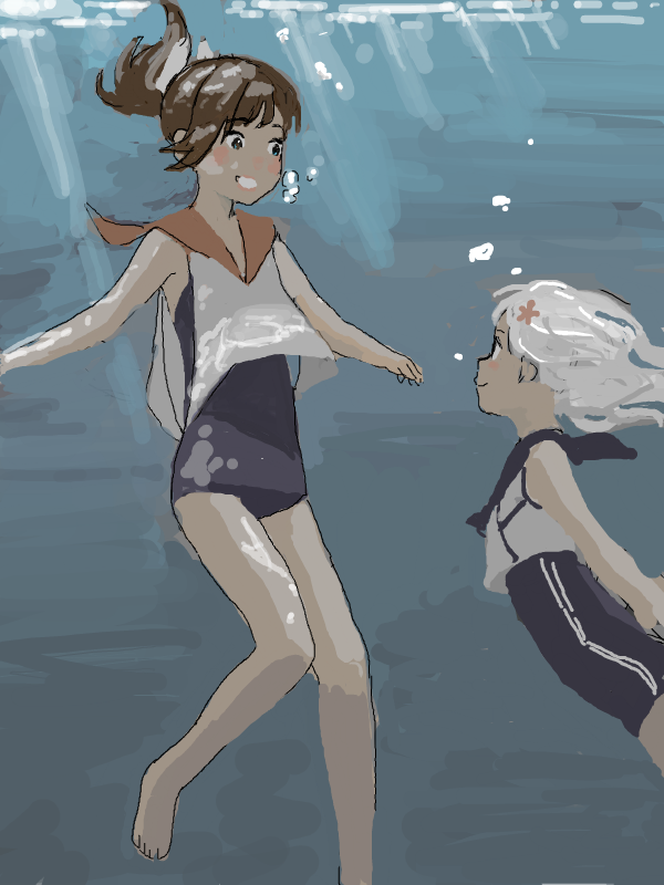 2girls, air_bubble, barefoot, blonde_hair, blush_stickers, breath, brown_eyes, brown_hair