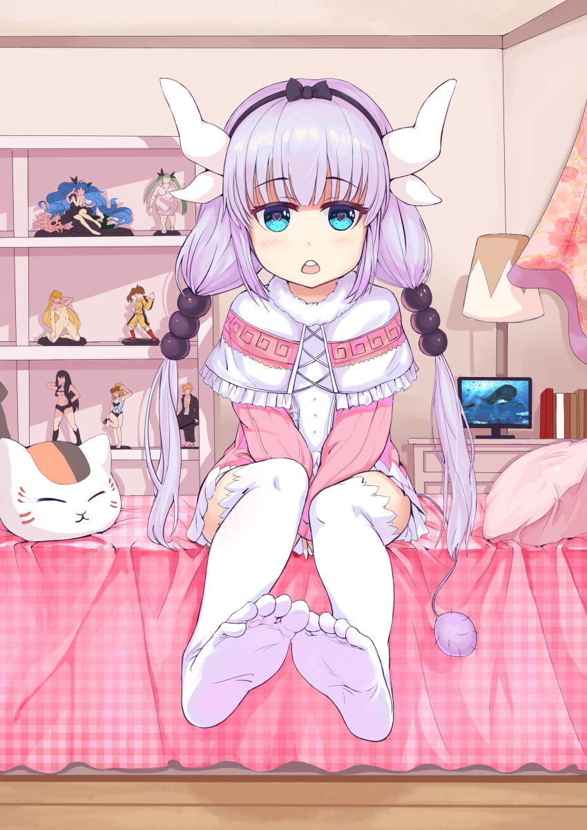 1girl, absurdres, araragi_karen, bangs, beads, bed, bedroom, between_legs