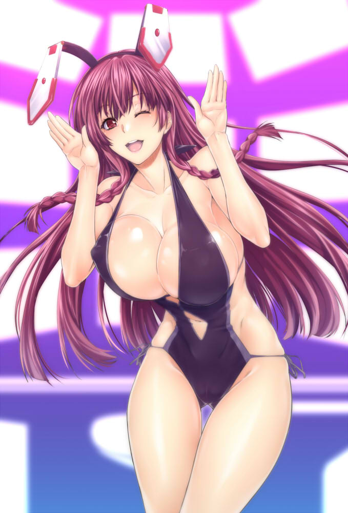 1girl, animal_ears, bangs, blush, braid, breasts, casual_one-piece_swimsuit, cleavage