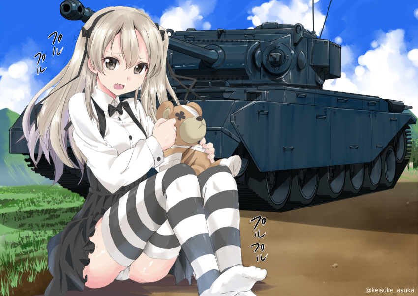 1girl, bandage, bangs, black_bow, black_bowtie, black_legwear, black_skirt, boko_(girls_und_panzer)