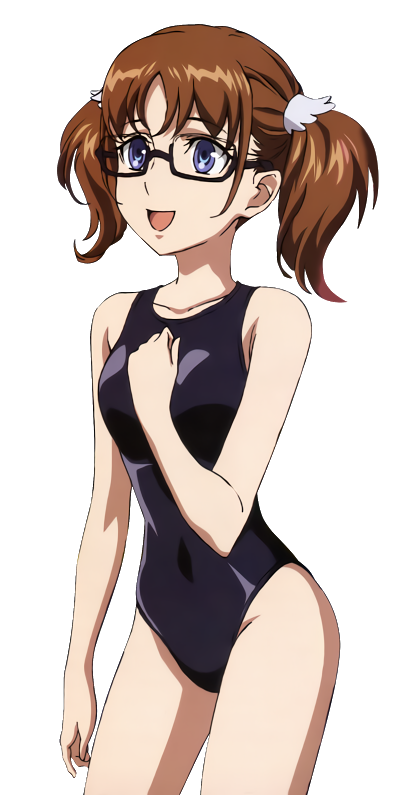 1girl, :d, bare_shoulders, black_glasses, black_swimsuit, blue_eyes, brown_hair, collarbone