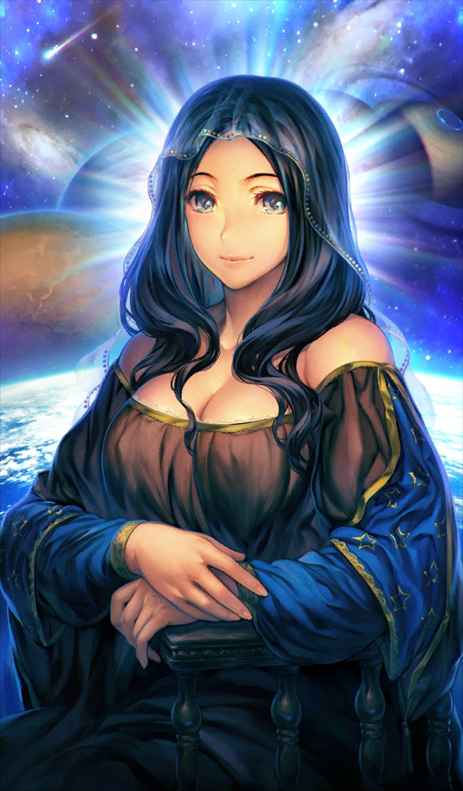1girl, black_hair, breasts, cleavage, earth, fate/grand_order, fate_(series), fine_art_parody